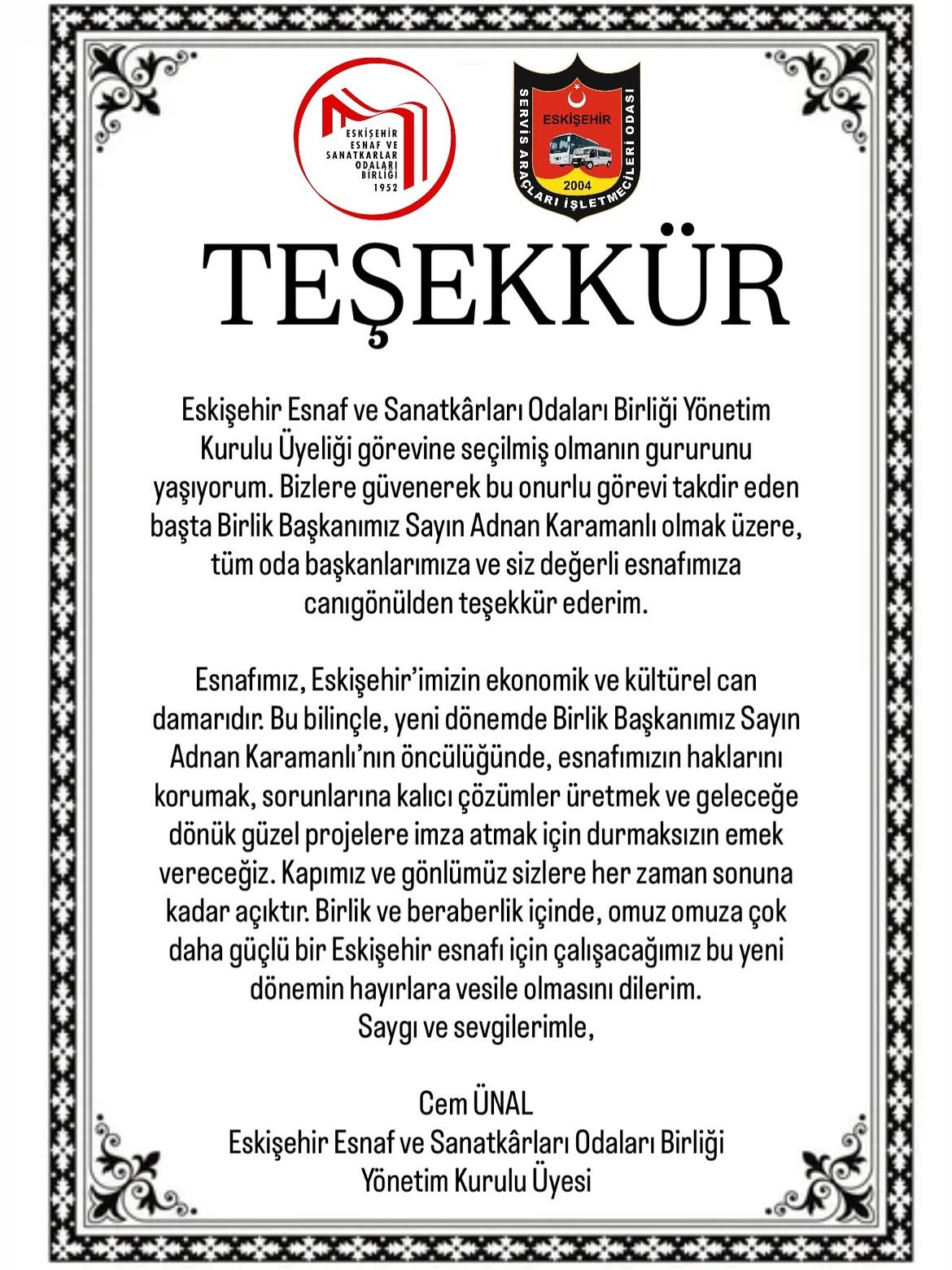 Cem Ünal’dan Teşekkür Mesajı: "Birlik ve Beraberlik İçinde Çalışacağız"